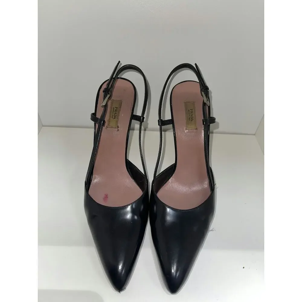 Prada Black Leather Pointed Toe Slingback Heels - Picture 4 of 4